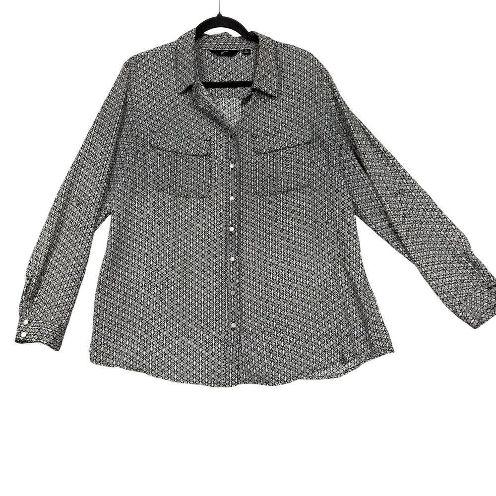 GNW Shirt Womens XL Black White Geometric Button Front Long Sleeve Roll Tab Top